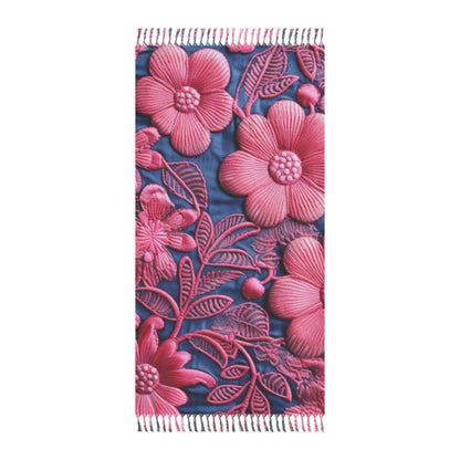 Denim Blue Doll Pink Floral Embroidery Style Fabric Flowers -  Beach Cloth