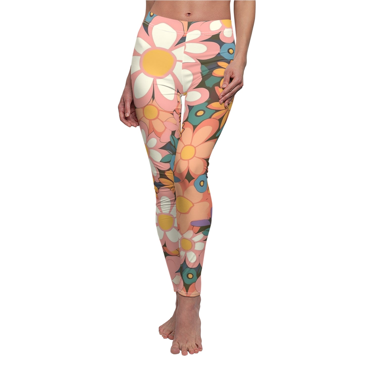 Groovy 1960s 1970s Pink & Orange Daisy Mod Floral - Women's Cut & Sew Casual Leggings (AOP)