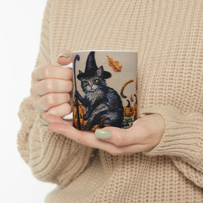 Halloween Cat Magic: Embroidered Style Feline with Pumpkins & Witch Hat - Ceramic Mug 11oz