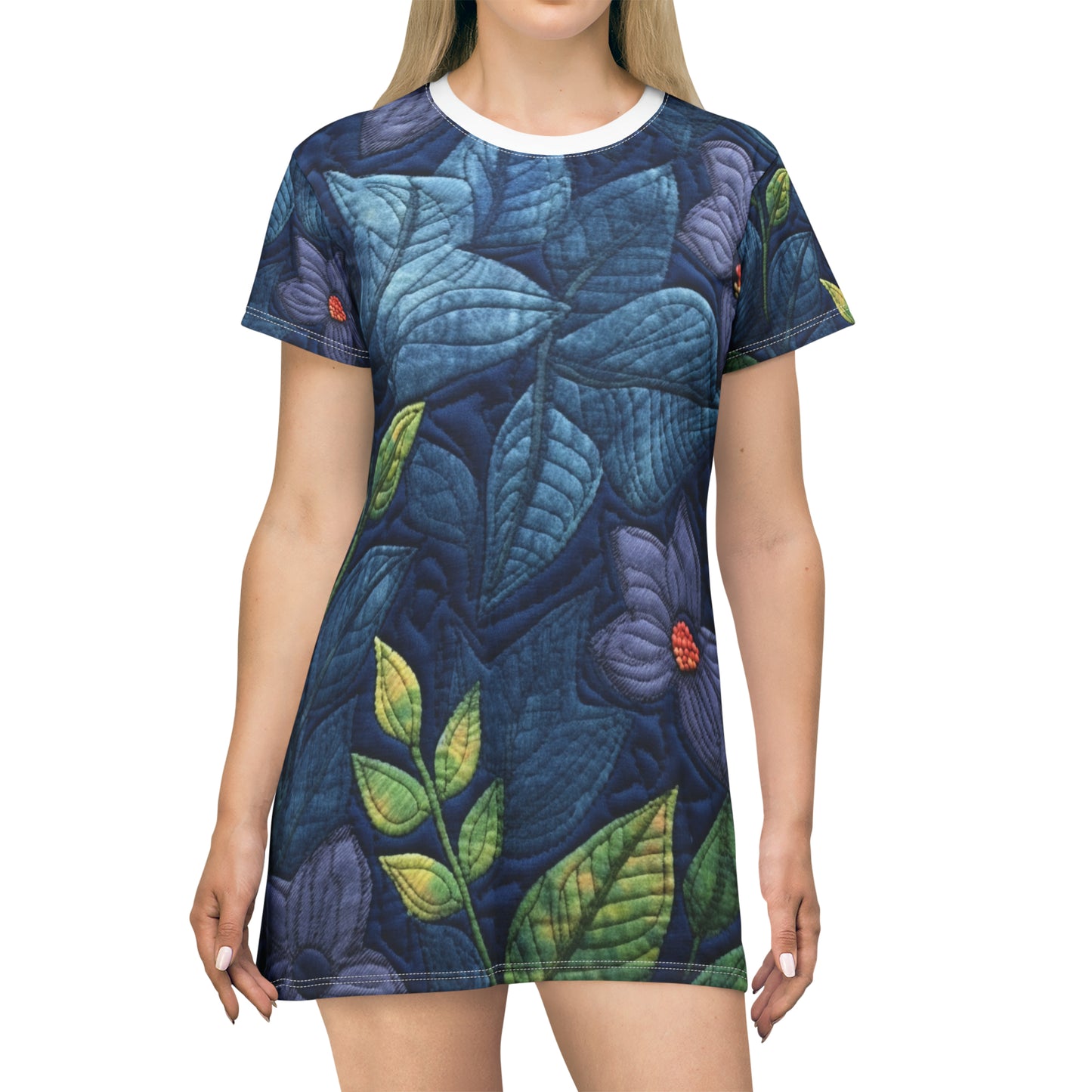 Floral Embroidery Blue: Denim-Inspired, Artisan-Crafted Flower Design - T-Shirt Dress (AOP)