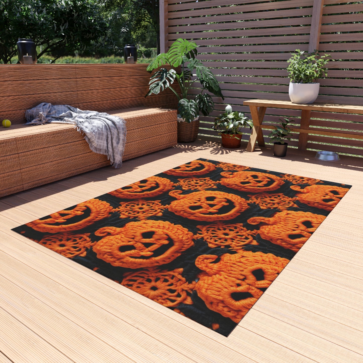 Halloween Crochet Pumpkin Scary Horror Festive Holiday Pattern - Outdoor Rug