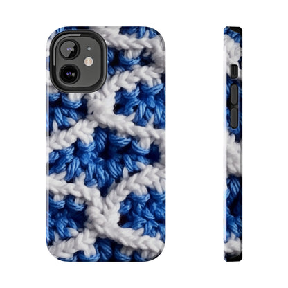 Blueberry Blue Crochet, White Accents, Classic Textured Pattern - Tough Phone Cases