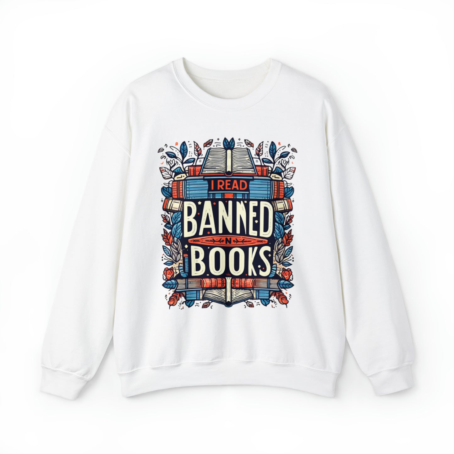 I Read Banned Books - Emblematic Floral Book Stack - Unisex Heavy Blend™ Crewneck Sweatshirt