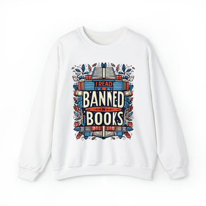 I Read Banned Books - Emblematic Floral Book Stack - Unisex Heavy Blend™ Crewneck Sweatshirt