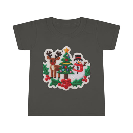 Diseño de parche bordado de reno y muñeco de nieve navideño - Camiseta para niños pequeños