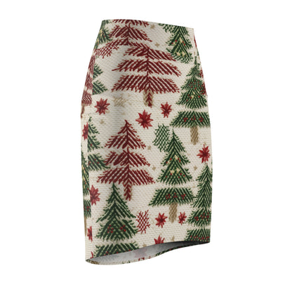 Embroidered Christmas Winter, Festive Holiday Stitching, Classic Seasonal Design - Women's Pencil Skirt (AOP)