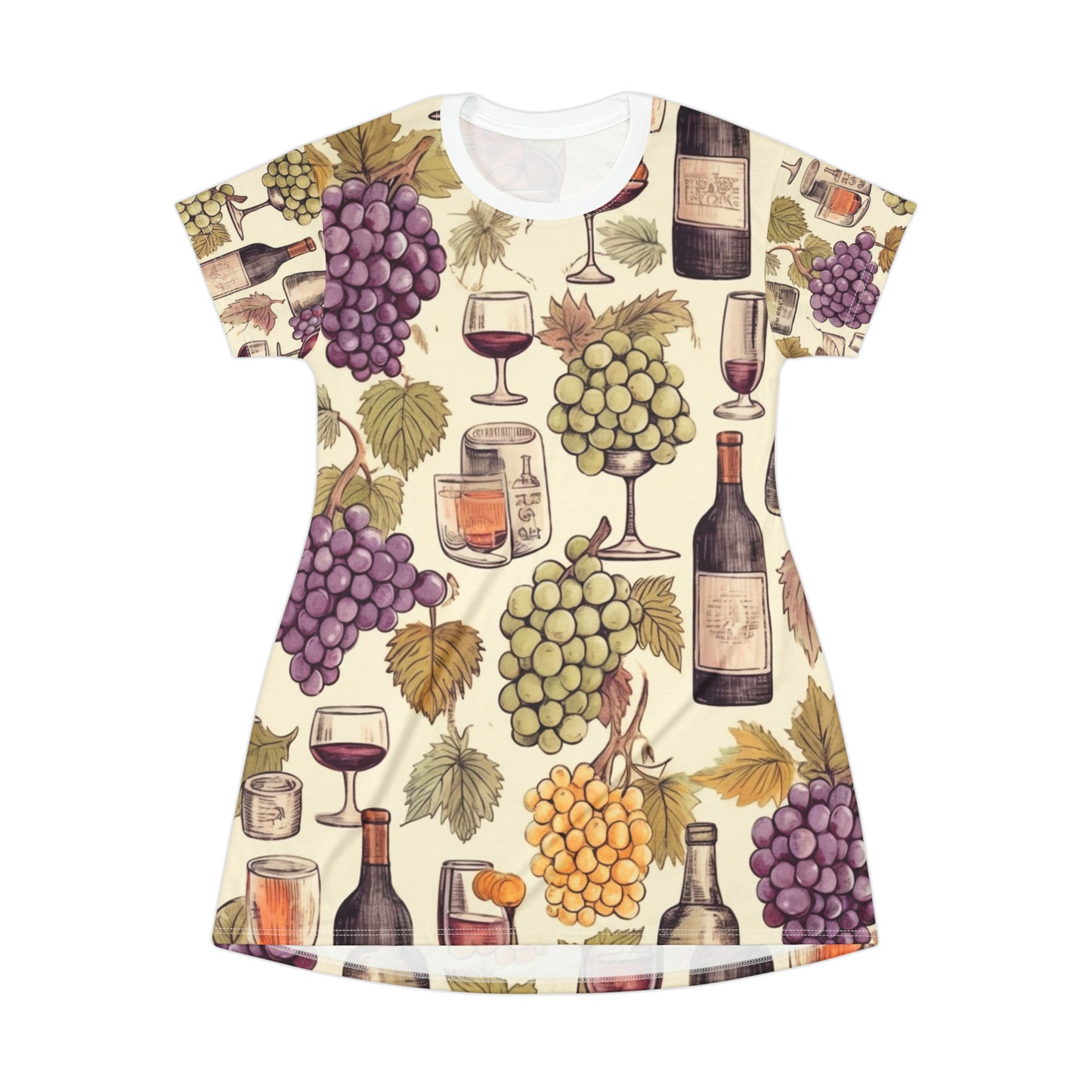 Wine Lovers Theme: Varieties of Wine, Grapes & Vineyards Design T-Shirt Dress (AOP)