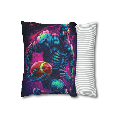 Spooky Football Game: Fantasy Skeleton Athlete Running with Ball, Sporty Halloween - Spun Polyester Square Pillow Case