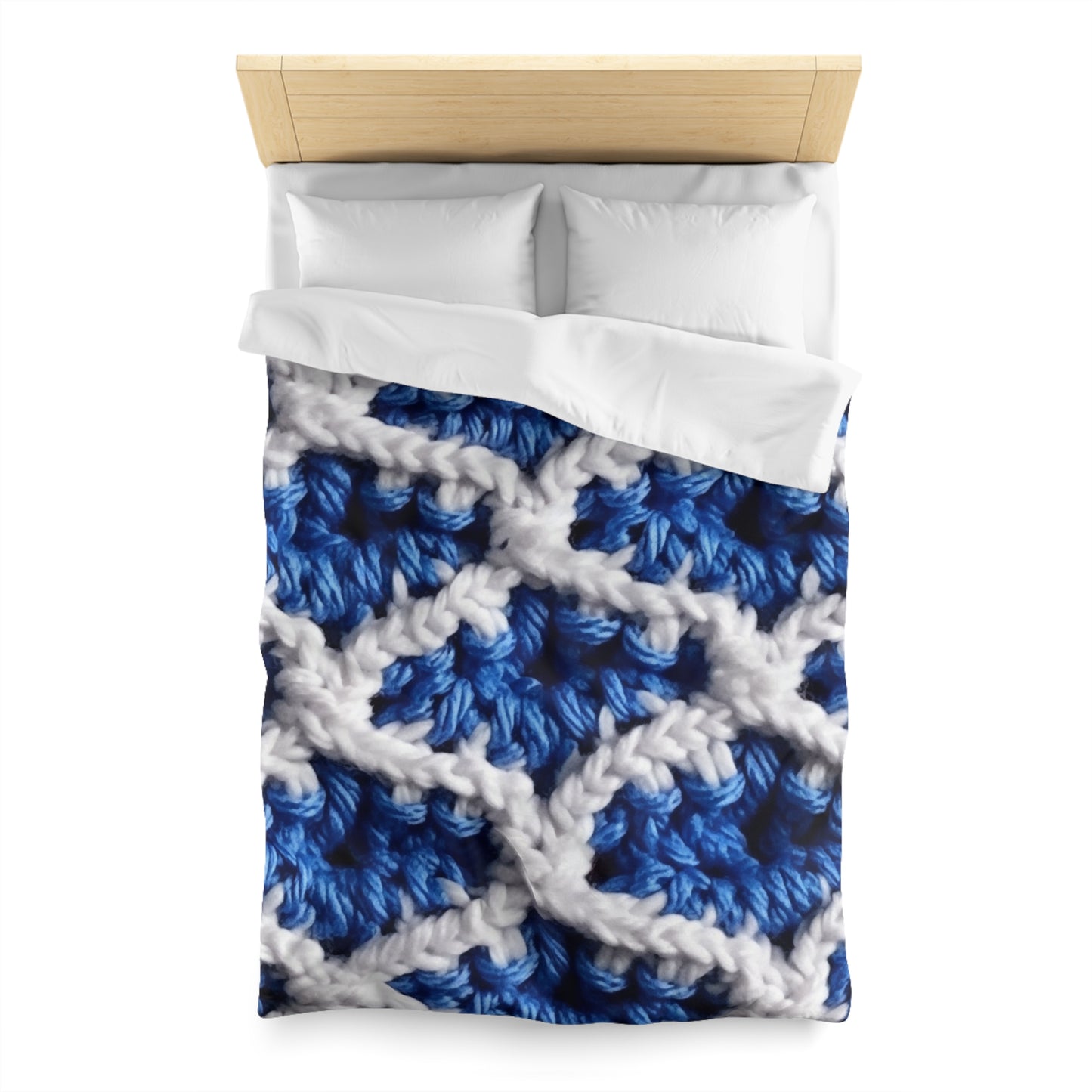 Blueberry Blue Crochet, White Accents, Classic Textured Pattern - Microfiber Duvet Cover