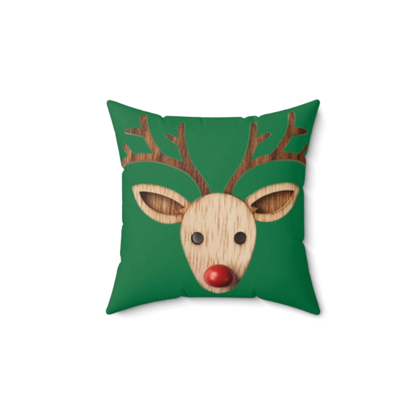 Red Reindeer Nose Christmas Classic Winter Season - Green - Spun Polyester Square Pillow