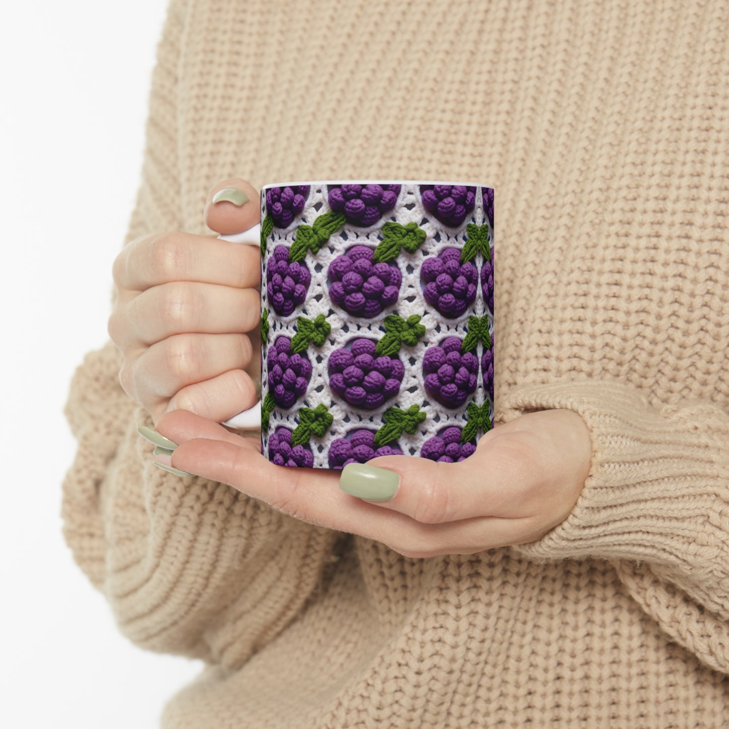 Crochet Grapes Pattern - Granny Square Design - Fresh Fruit Pick - Orchard Purple Snack Food - Ceramic Mug 11oz