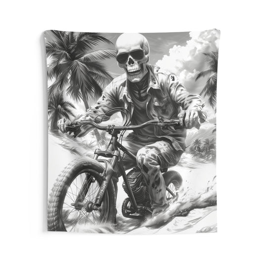 Biker Skeleton Wearing Sunglasses, Riding Sunset Boulevard in California Motorcycle, Indoor Wall Tapestries