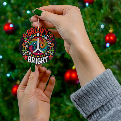 Groovy & Bright Festive Vibes - Colorful Embroidery Style Peace Sign with Floral Accents - Ceramic Ornament, 4 Shapes