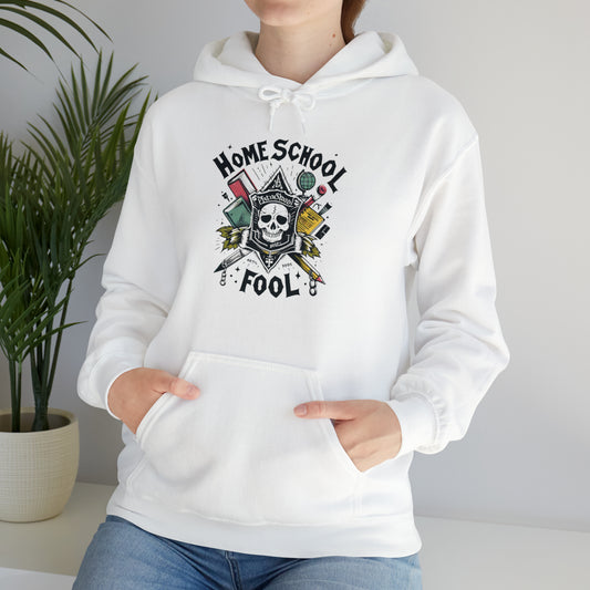 Home School Fool - Academic Skull Crest with Books and Globe, Educational Emblem, Scholarly Gothic - Unisex Heavy Blend™ Hooded Sweatshirt