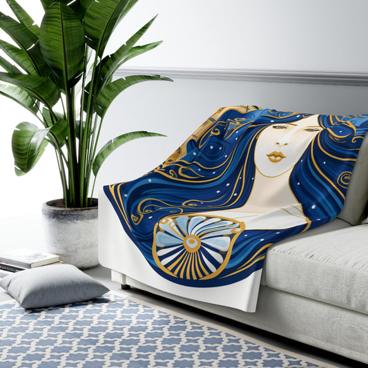 Virgo Zodiac Circular Symmetry in Gold Royal Blue - Sherpa Fleece Blanket