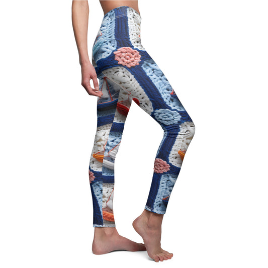 Crochet Boat Ship Sea Vessel Ocean Beach Travel Yacht Design - Leggings casuales de corte y costura para mujer (AOP)