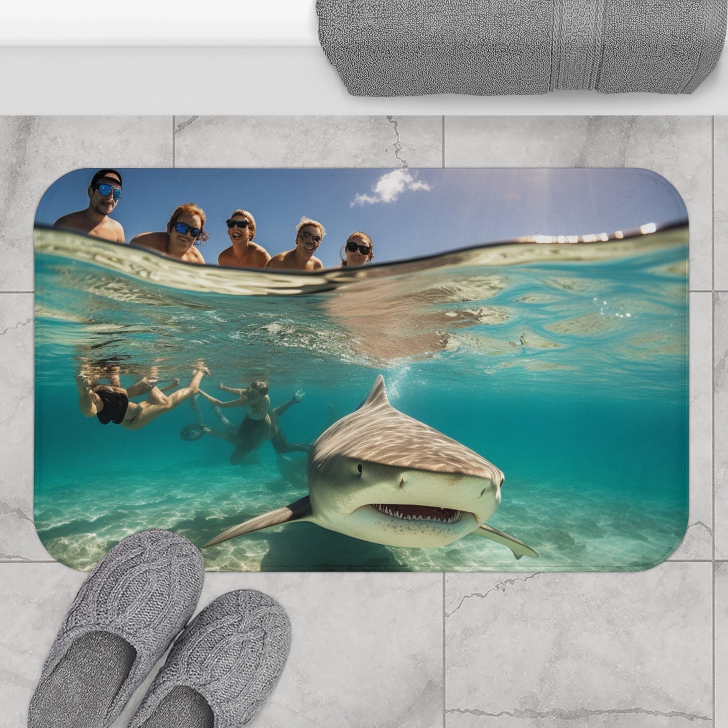 Peaceful Bull Shark with Swimmers: Ocean Scene - Perfect for Sea Lovers - Bath Mat