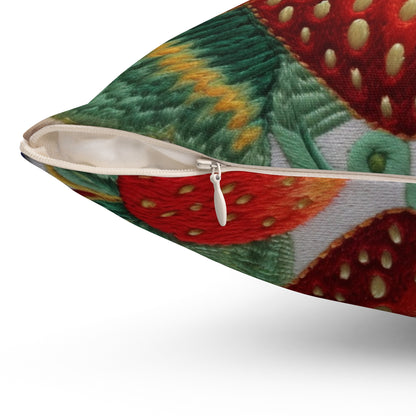 Berry Delight: Sun-Kissed Strawberries Fields Meet Embroidered Style Strawberry Patterns - Spun Polyester Square Pillow