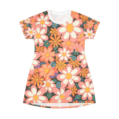 Groovy 1960s 1970s Pink &amp; Orange Daisy Mod Floral - Vestido tipo camiseta (AOP) 