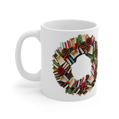 Holiday Book Wreath: Festive Literary Book Lover & Christmas Pinecone Arrangement - Ceramic Mug 11oz