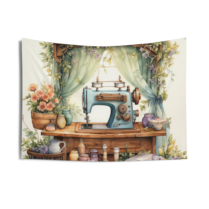 Rustic Sewing Nook Watercolor Illustration, Pastel Vintage Sewing Machine with Floral - Indoor Wall Tapestries