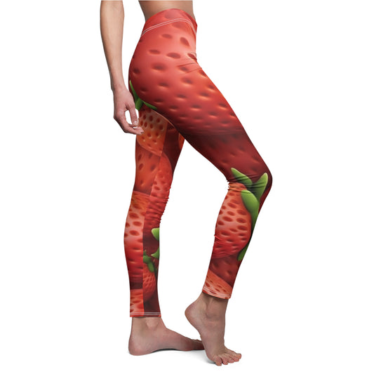 Garden Strawberries- Wild Sweet Gourmet - Farm Growing Ripe Red Fruit -Women's Cut & Sew Casual Leggings (AOP)