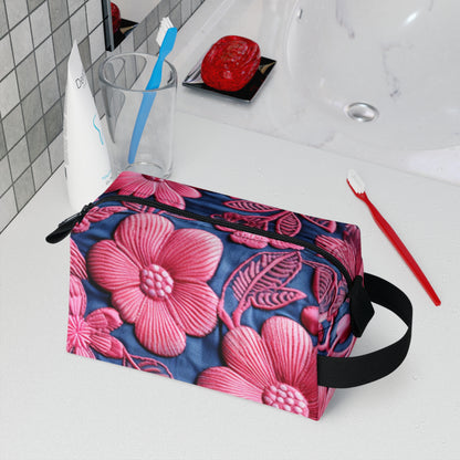 Denim Blue Doll Pink Floral Embroidery Style Fabric Flowers - Toiletry Bag