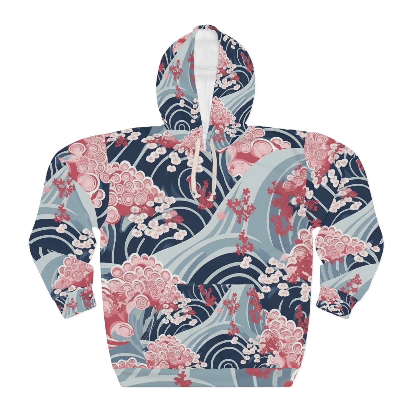 Sudadera con capucha unisex con diseño de ondas minimalistas japonesas y flores de cerezo (AOP) 