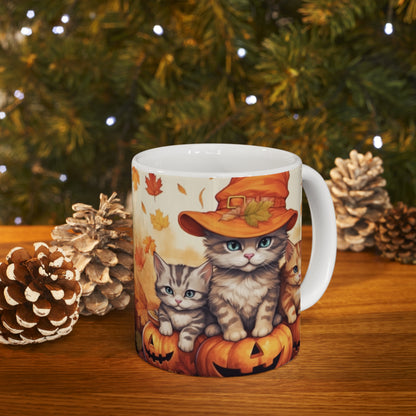 Kitty Cat Kittens Halloween - Lindos Furries en Calabaza - Decoración felina festiva - Taza de cerámica 11oz 