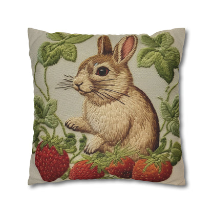 Strawberry Bunny Rabit - Embroidery Style - Strawberries Fruit Munchies - Easter Gift - Spun Polyester Square Pillow Case