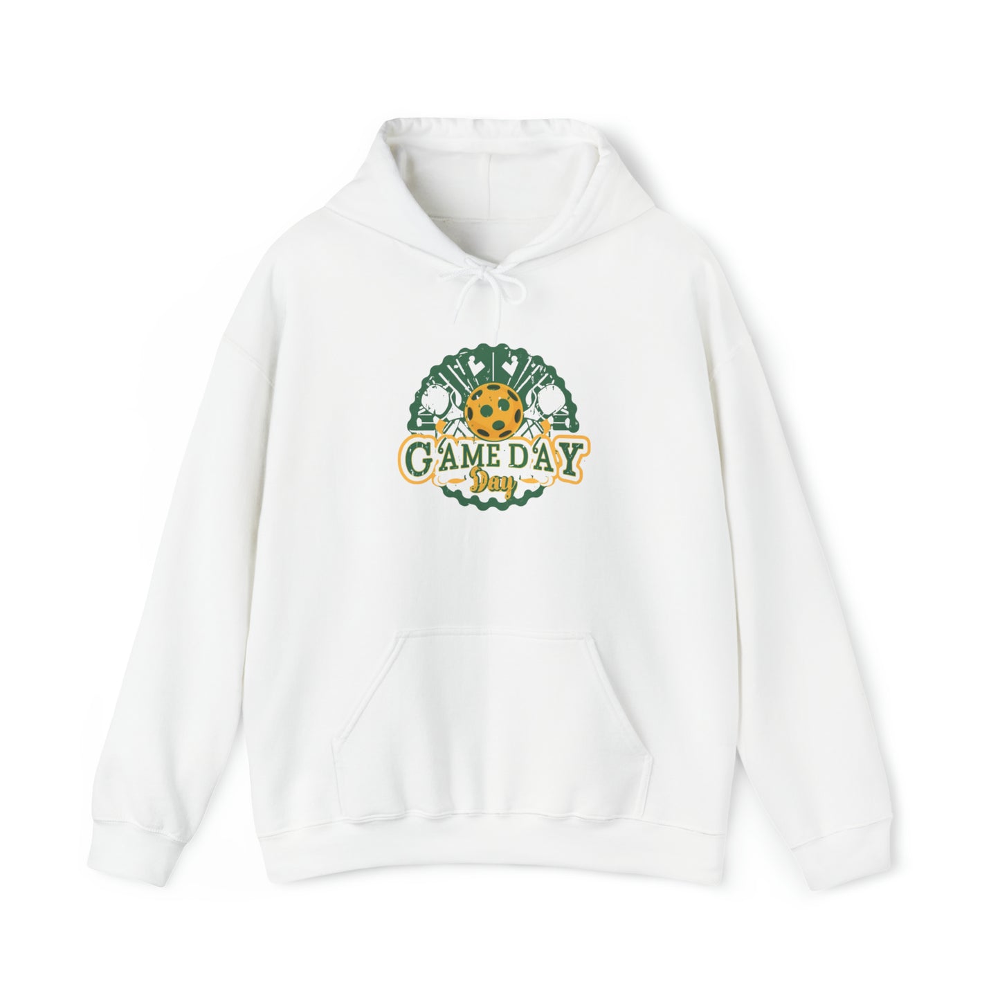 Insignia del día del juego con paleta y pelota de Pickleball, textura grunge - Sudadera con capucha unisex Heavy Blend™