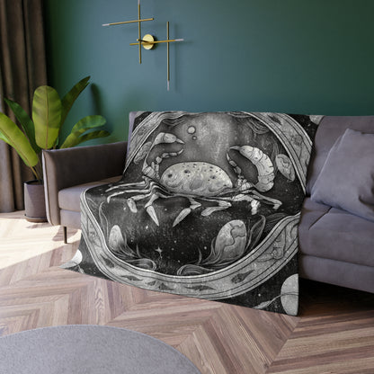 Cancer Crushed Velvet Blanket, Black White Crab Design, 100% Polyester, One-Sided Print