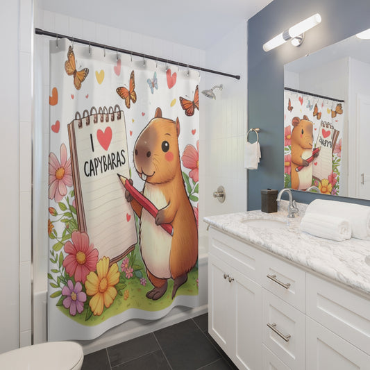 Capybara Holding Pencil and Notepad with I Love Capybaras, Cute Rodent Surrounded by Flowers and Butterflies, Shower Curtains