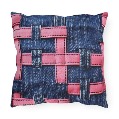 Candy-Striped Crossover: Pink Denim Ribbons Dancing on Blue Stage - Outdoor Pillows