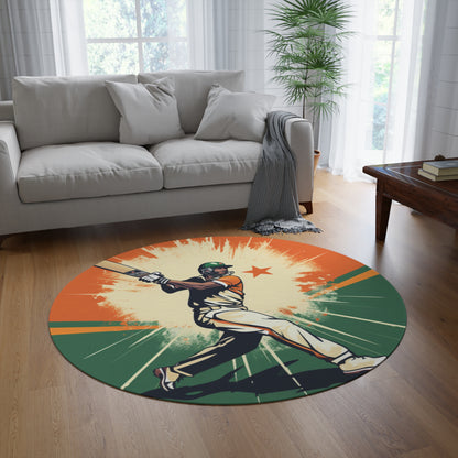 India Cricket Star: Batsman With Willow Bat, National Flag Style - Sport Game - Round Rug