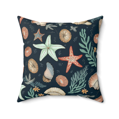 Seashells & Starfish Marine-Inspired Pattern Spun Polyester Square Pillow