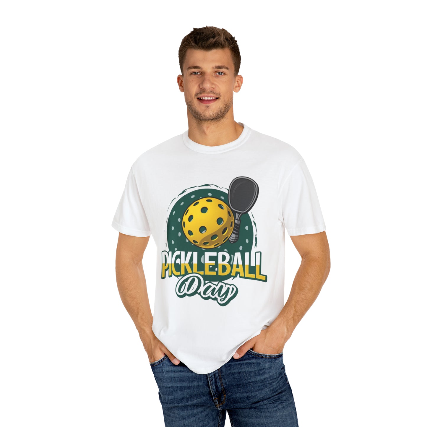 Pickleball Day Celebration Design with Whimsical Ball and Paddle Illustration - Unisex Garment-Dyed T-shirt