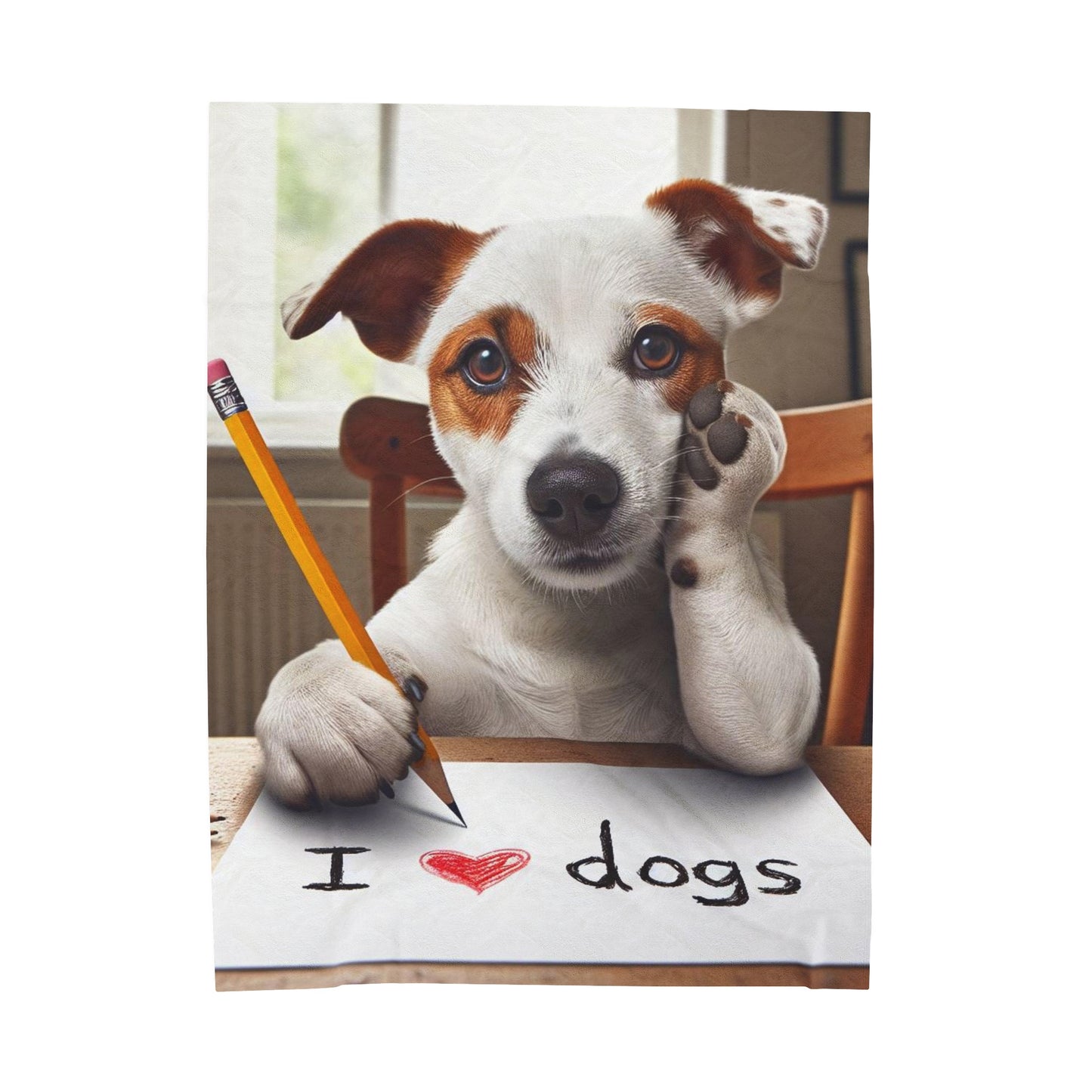 Adorable Dog Writing I Love Dogs, Cute Pet with Pencil Illustration, Animal Lover Artwork, Playful Canine - Velveteen Plush Blanket