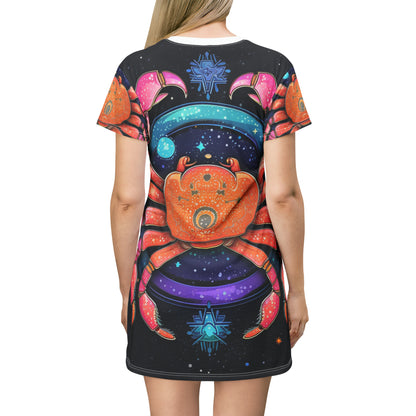 Rainbow Celestial Crab - Vibrant Cancer Zodiac Sign Art - T-Shirt Dress (AOP)