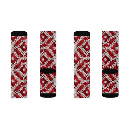 Warm Winter Red & White Crochet Knit: Cinematic Chic Texture Design - Sublimation Socks