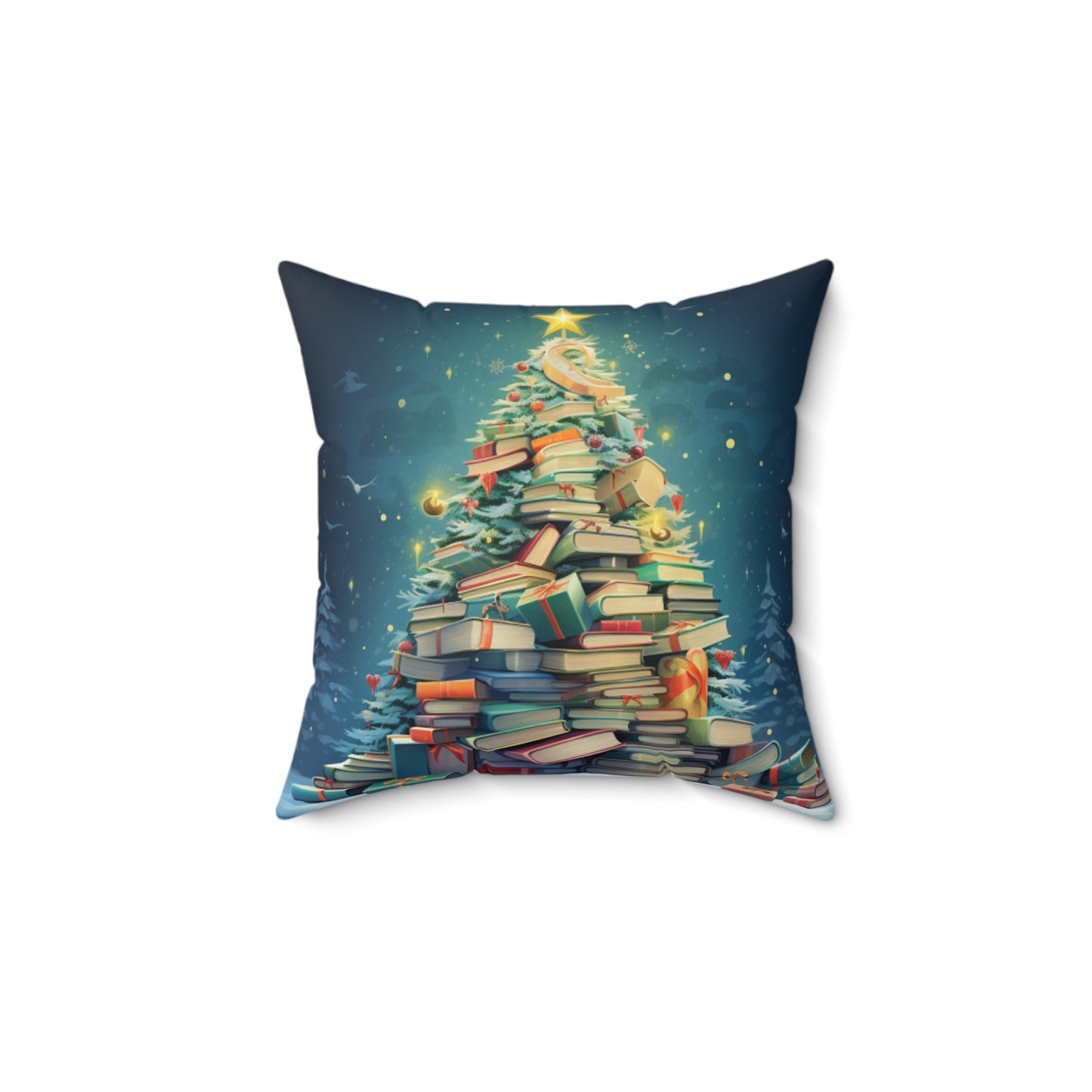 Book Worm Club Árbol de Navidad Temporada Vacaciones de Invierno - Almohada cuadrada de poliéster hilado