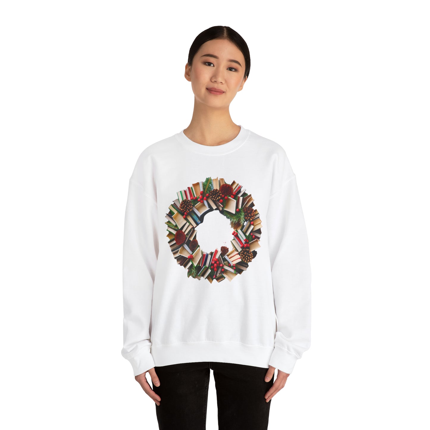 Holiday Book Wreath: Festive Literary Book Lover & Christmas Pinecone Arrangement - Unisex Heavy Blend™ Crewneck Sweatshirt