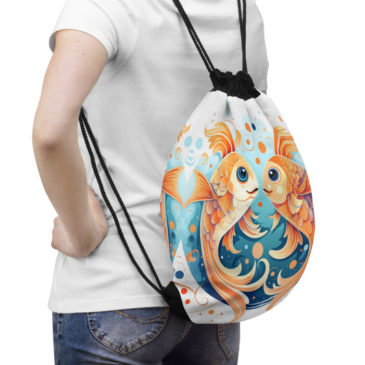 Charming Cartoon Fish Pisces - Dreamy Zodiac Illustration - Drawstring Bag