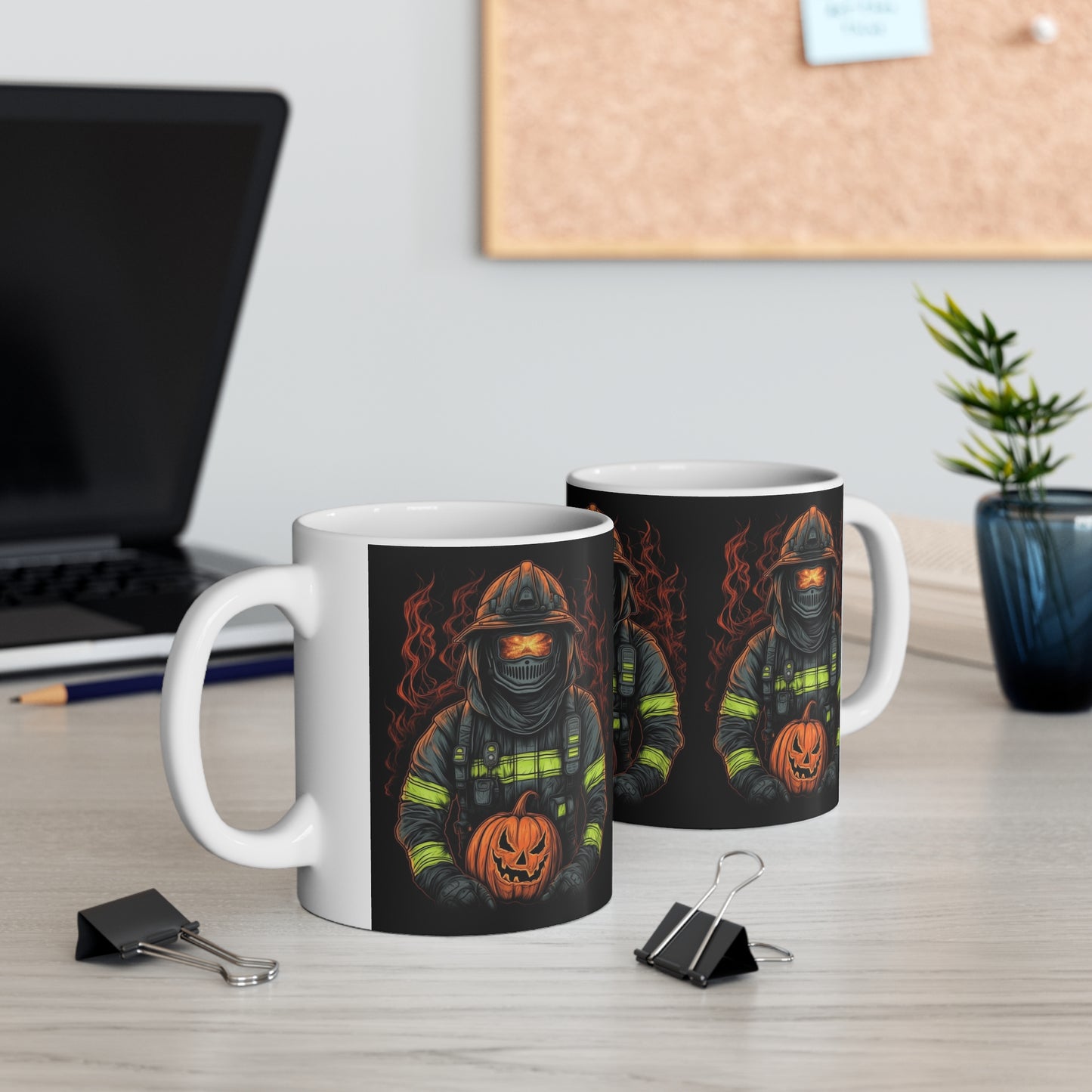 Firefighter Spooky Alert: Facing Haunted Halloween Spirits Scary Fire Pumpkin - Ceramic Mug 11oz