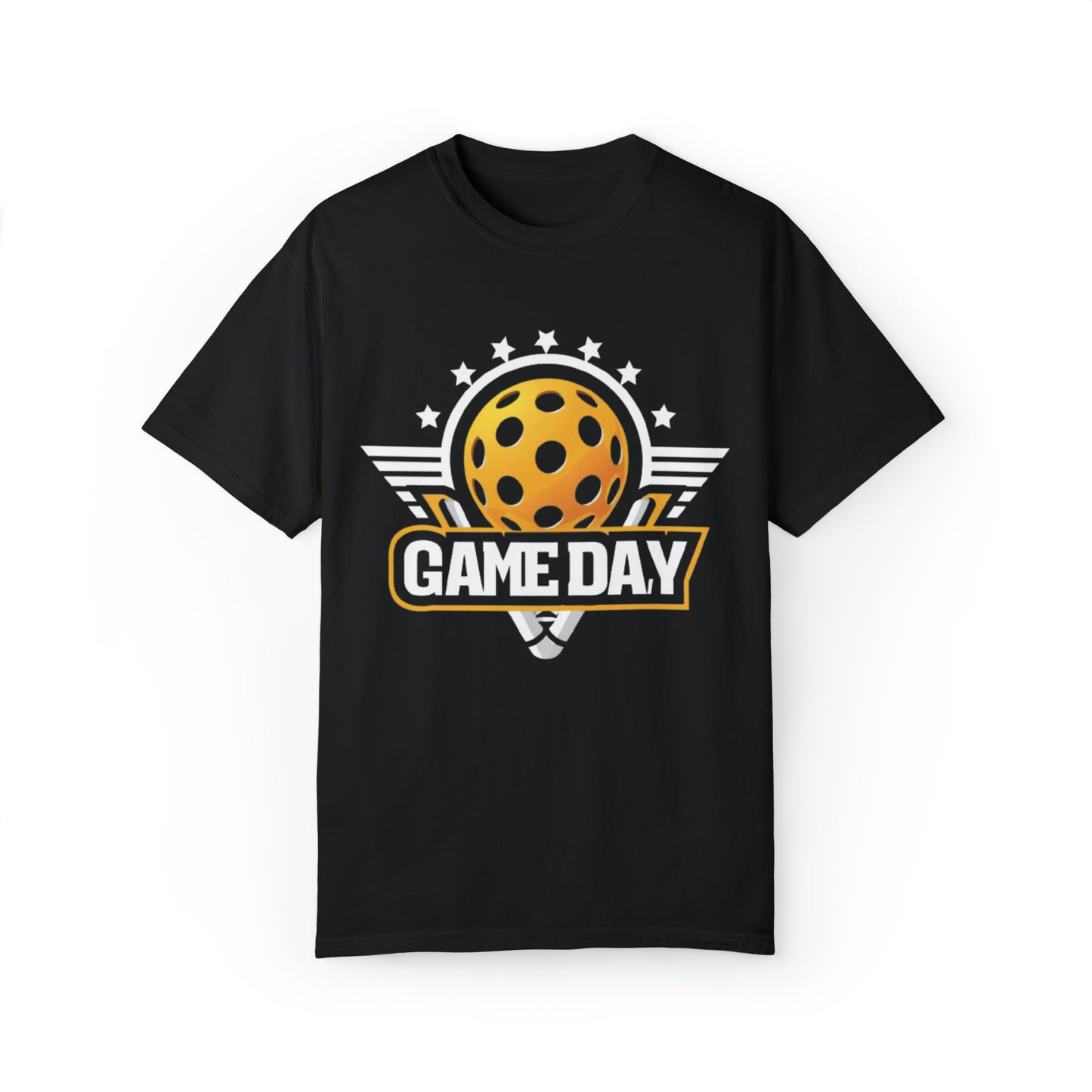 Stellar Pickleball Game Day Emblem with Stars and Winged Ball Design - Unisex Garment-Dyed T-shirt