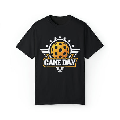 Stellar Pickleball Game Day Emblem with Stars and Winged Ball Design - Unisex Garment-Dyed T-shirt