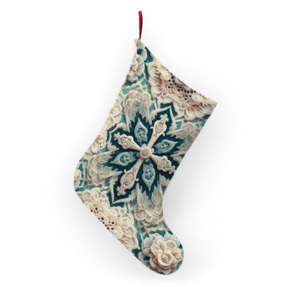 Cream and Teal Floral Symmetry: Intricate Lacework Design with Charm and Artistic Elegance - Christmas Stockings