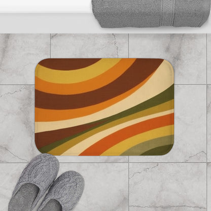 Groovy alfombra de baño inspirada en modelos mod de los años 70 en llamativo naranja, verde, óxido, dorado y beige