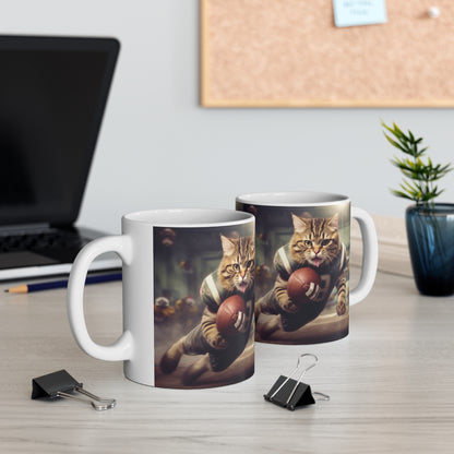 Football Field Felines: Kitty Cats in Sport Tackling Scoring Game Position - Ceramic Mug 11oz