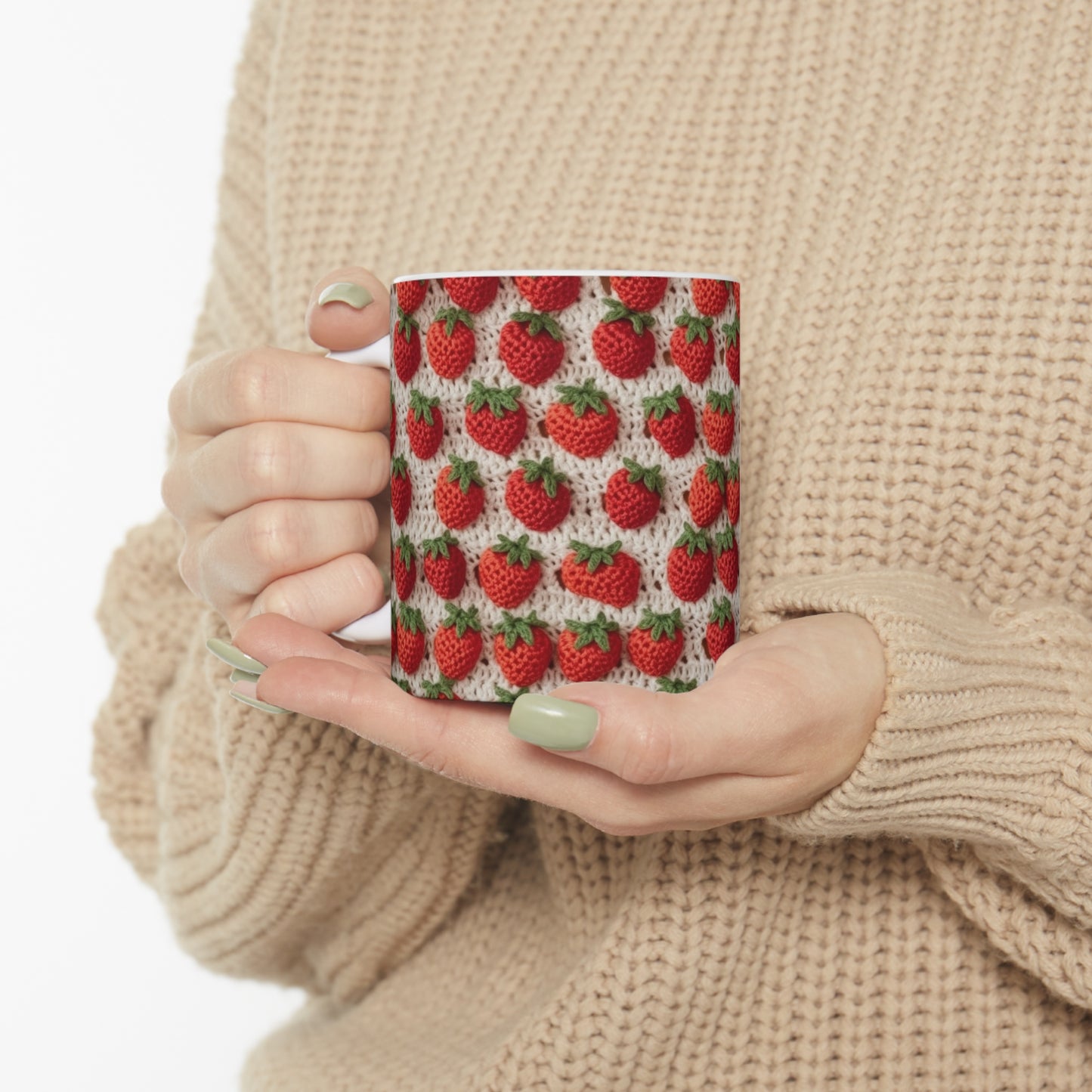 Strawberry Traditional Japanese, Crochet Craft, Fruit Design, Red Berry Pattern - Ceramic Mug 11oz